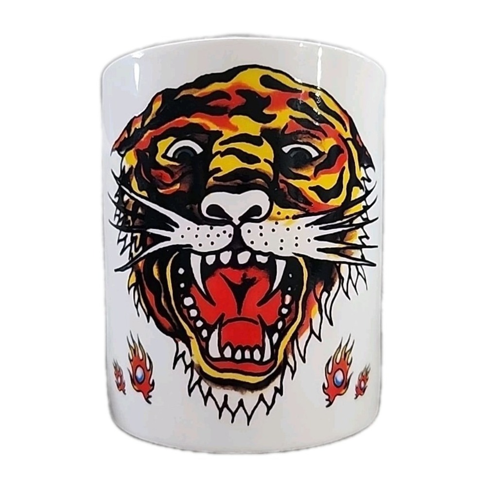 Ed Hardy Tattoo Flash Art Tiger Geisha Medusa Ceramic Coffee Mug White